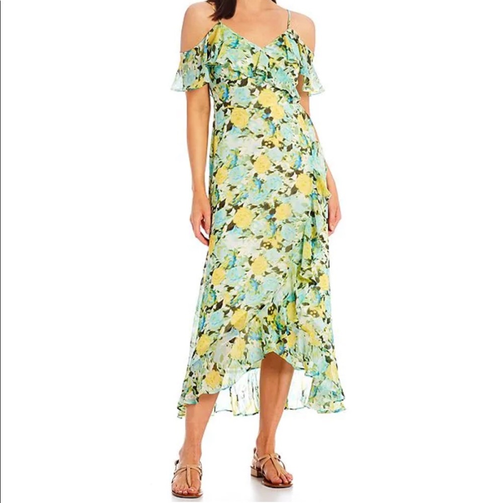 London Times Cold Shoulder Ruffled Midi Dress